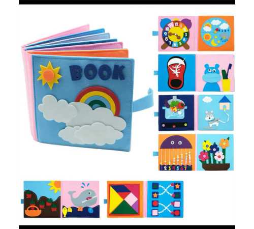 М'яка книжка-бізіборд C 70904 (32) фетр, годинник, шнурівка, рухомі намистини, елементи на липучках, в пакеті