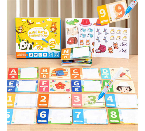 Логічна гра C 75337 (96) водна розмальовка, 36 карток, 63 наліпки, водний маркер, літери, малюнки, в коробці