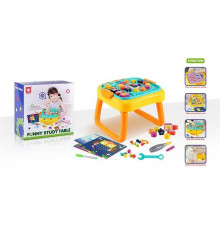 Ігровий столик 835 (18) мозаїка, дошка пиши-витирай, болтики, викрутка, геометричний сортер, пазл, годинник, цифри й математичні знаки, в коробці