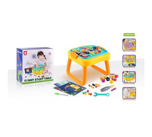 Ігровий столик 835 (18) мозаїка, дошка пиши-витирай, болтики, викрутка, геометричний сортер, пазл, годинник, цифри й математичні знаки, в коробці