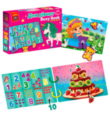 гр Логічна книжка "Бізі бук. Для дівчат" VT 1310-09 /укр/ (9) "Vladi Toys", 6 сторінок, 2 кільця, 52 деталі, гра з липучками, в коробці