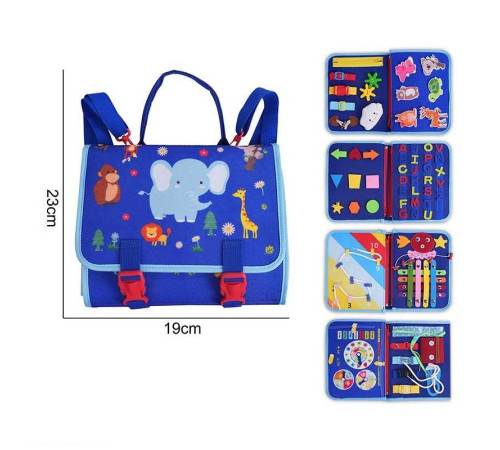 Логічна папка 25030 (35) фетр, циферблат, пискавка, шнурівка, назви місяців, днів, пір року англійською, шестерні, ремінці, тварини, фігури та літери на липучках, в пакеті