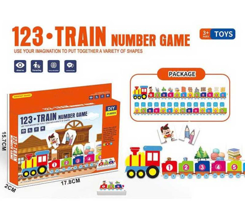 Гра 090 (120/2) локомотив, 9 карток із завданнями, 26 пазлів, математичні приклади, нумерація вагонів та карток, коробці