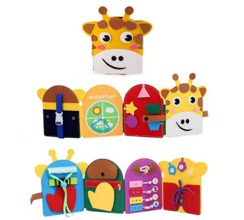 М'яка книжка-бізіборд C 73111 (40) “Жирафа”, фетр, розкладається, пальчикові ігри, рахівничка, аналоговий годинник, регульований ремінець, шнурівка, в пакеті