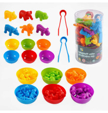 Логічна гра 2188-18 (60/2) “Звіряти”, 36 елементів, кольорові тваринки, 6 мисочок, 2 пари щипців, у тубі