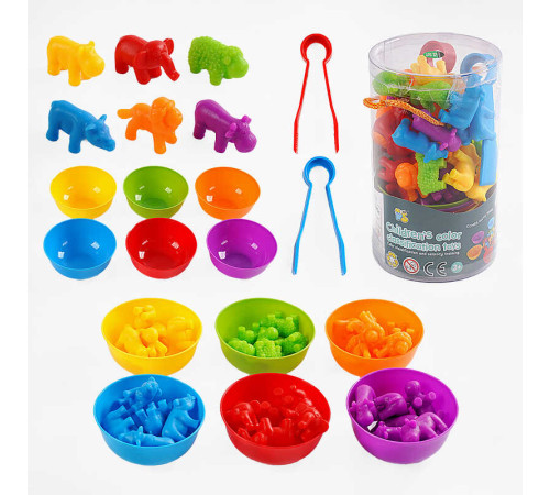Логічна гра 2188-18 (60/2) “Звіряти”, 36 елементів, кольорові тваринки, 6 мисочок, 2 пари щипців, у тубі