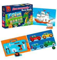 гр Логічна книжка "Бізі бук. Для хлопчиків" VT 1310-10 /укр/ (9) "Vladi Toys", 6 сторінок, 2 кільця, 51 деталі, гра з липучками, в коробці
