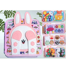 М'яка книжка-бізіборд C 74034 (45) фетр, пальчикові ігри, цифри, сортер по кольорах, пискавка, елементи на липучках та кнопках, в пакеті