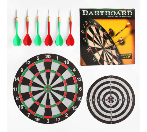 Дартс ZZYW 15 H (12) двостороння дошка, 6 дротиків з металевим наконечником, фіксація на гачок, діаметр поля 36 см, в коробці