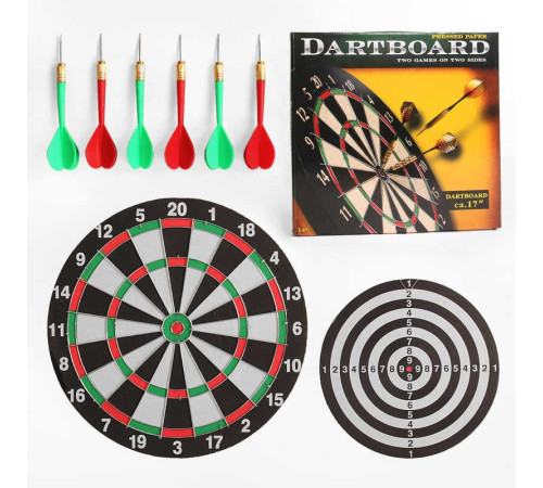 Дартс ZZYW 17 H (12) двостороння дошка, 6 дротиків з металевим наконечником, фіксація на гачок, діаметр поля 40 см, в коробці