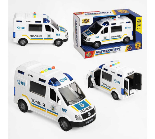 Машина "Поліція" 69609 (36) "Авто Експерт", УКРАЇНСЬКЕ ОЗВУЧУВАННЯ, тематичні фрази та пісні, підсвічування, відчиняються двері, інерція, гумові колеса, в коробці