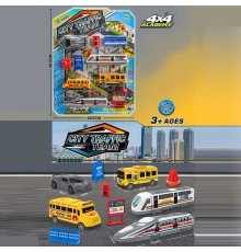 Набір машин 24616 (84/2) 2 потяги, 2 автобуси, спорткар, знаки, на листі