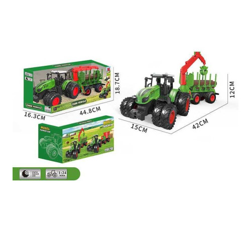 Трактор 99-83 A (24) масштаб: 1:24, причеп, маніпулятор, вантаж, гумові колеса, рухомі елементи, в коробці