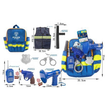 Поліцейський набір 12 P 3 (30/2) на батарейках, звук, рація, сирена, кайданки, пістолет, значок, жилет, рюкзак, в сітці
